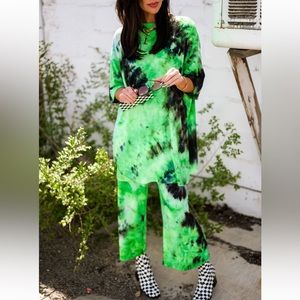 Dressed in LALA Playsuit Neon Green Tie Dye Ribbed Knit Matching Set
